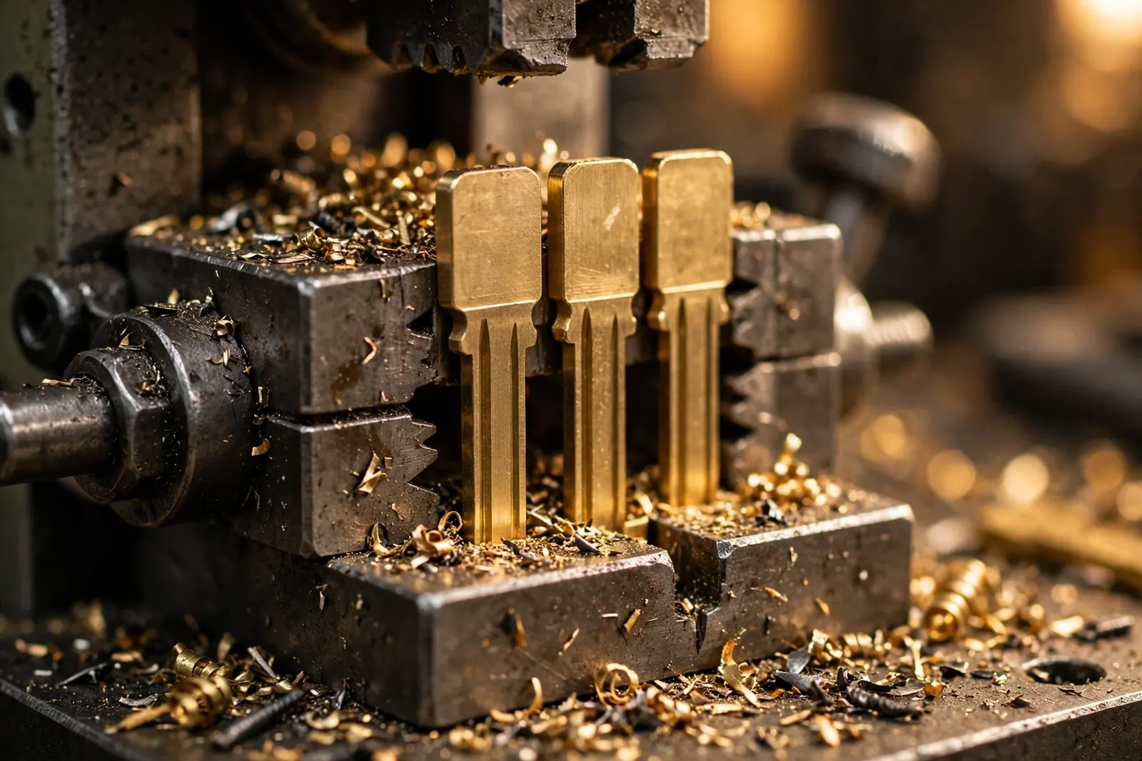 Brass key blanks clamped in a key-cutting machine, fresh shavings around them